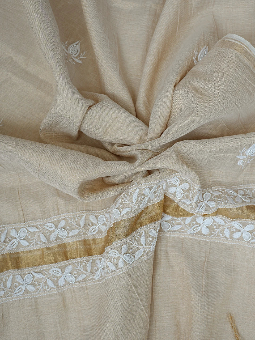 Ada Hand Embroidered Fawn Tissue Lucknowi Chikankari Unstitched Kurta Dupatta Set With Pearl Work 01A737001