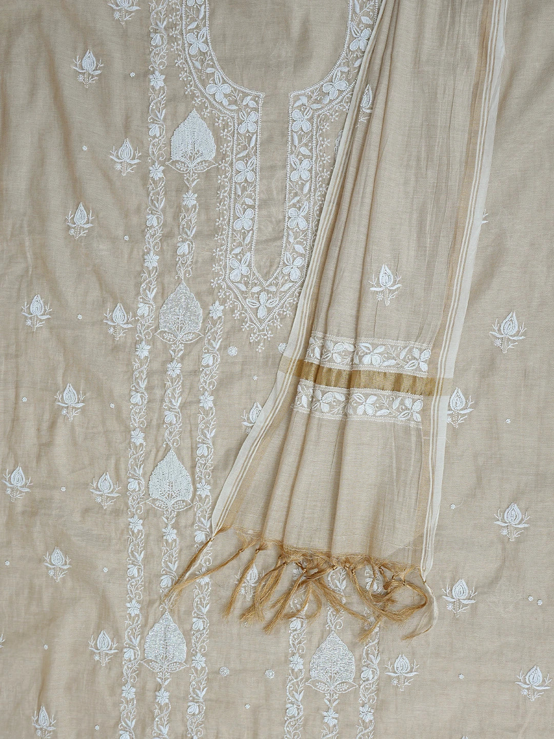 Ada Hand Embroidered Fawn Tissue Lucknowi Chikankari Unstitched Kurta Dupatta Set With Pearl Work 01A737001