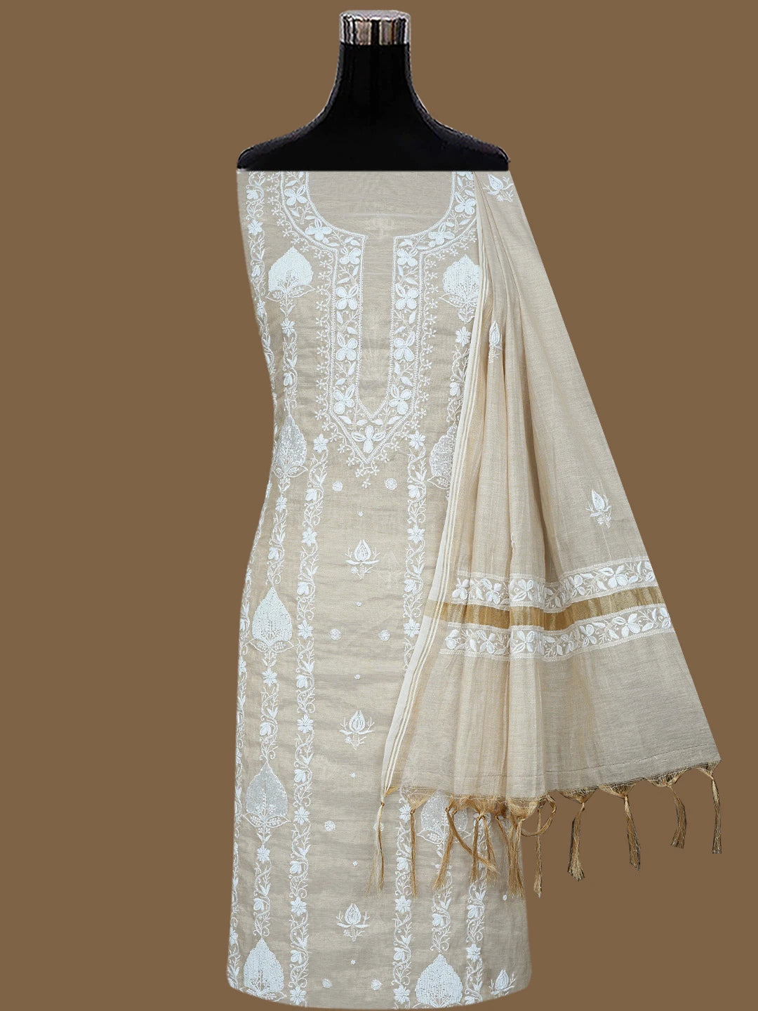 Ada Hand Embroidered Fawn Tissue Lucknowi Chikankari Unstitched Kurta Dupatta Set With Pearl Work 01A737001