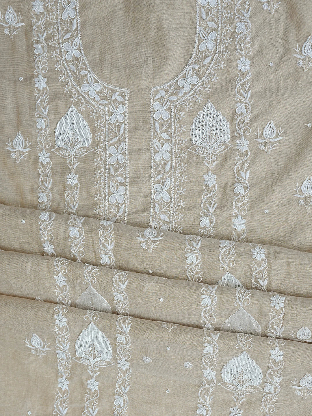Ada Hand Embroidered Fawn Tissue Lucknowi Chikankari Unstitched Kurta Dupatta Set With Pearl Work 01A737001