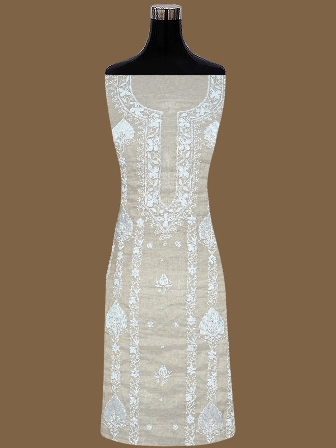Ada Hand Embroidered Fawn Tissue Lucknowi Chikankari Unstitched Kurta Dupatta Set With Pearl Work 01A737001