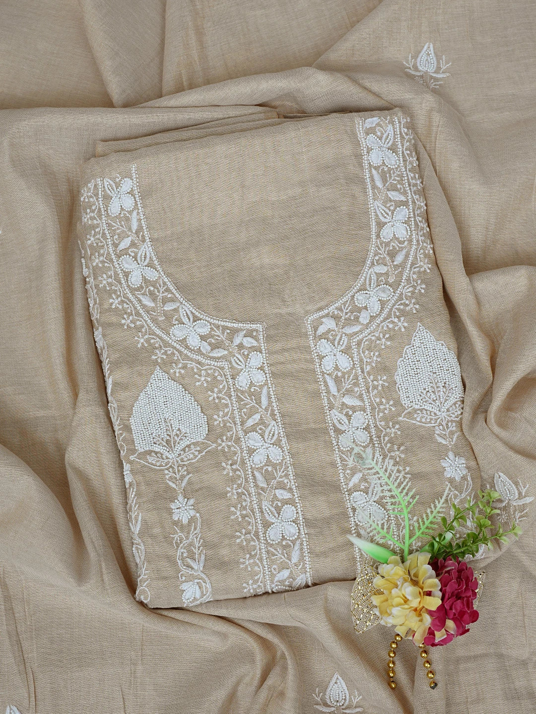 Ada Hand Embroidered Fawn Tissue Lucknowi Chikankari Unstitched Kurta Dupatta Set With Pearl Work 01A737001