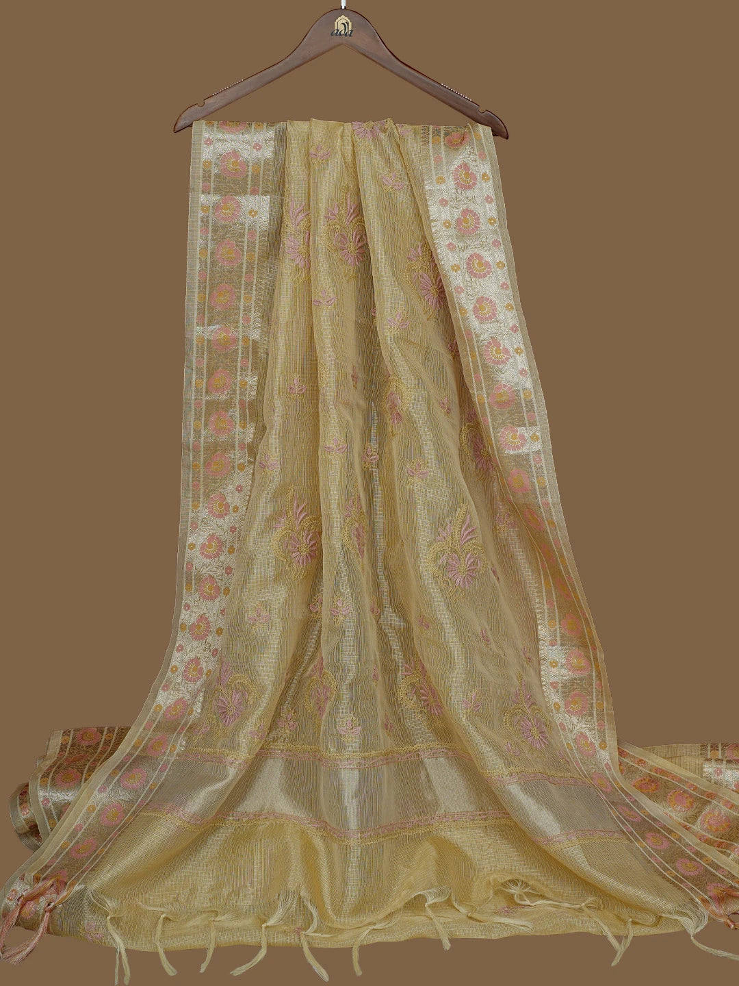 Ada Hand Embroidered Fawn Tissue Lucknowi Chikankari Saree and Blouse 01A774093