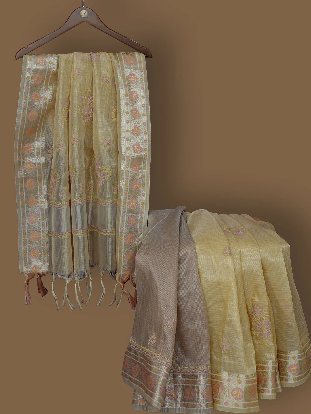 Ada Hand Embroidered Fawn Tissue Lucknowi Chikankari Saree and Blouse 01A774093