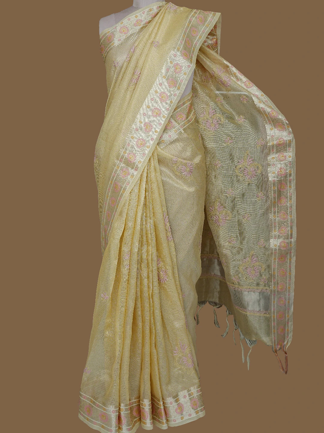 Ada Hand Embroidered Fawn Tissue Lucknowi Chikankari Saree and Blouse 01A774093