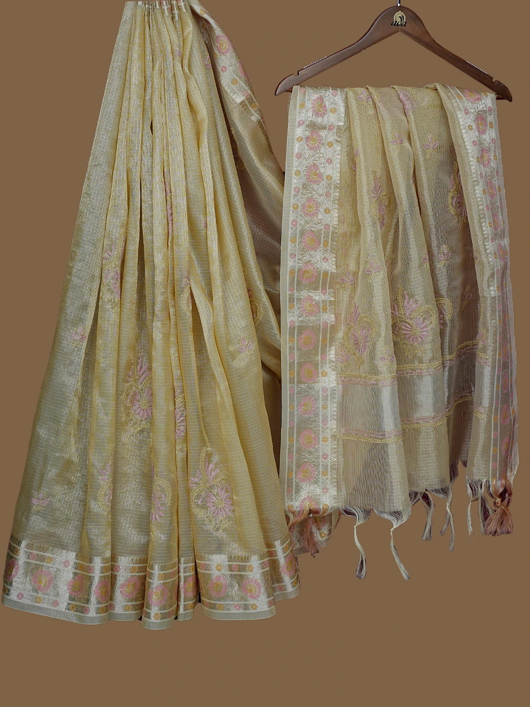 Ada Hand Embroidered Fawn Tissue Lucknowi Chikankari Saree and Blouse 01A774093