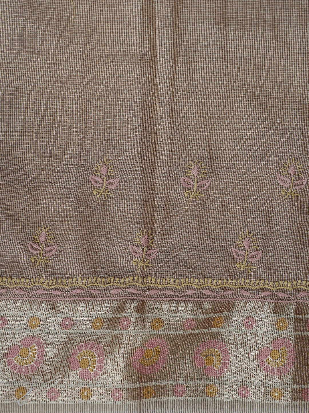 Ada Hand Embroidered Fawn Tissue Lucknowi Chikankari Saree and Blouse 01A774093