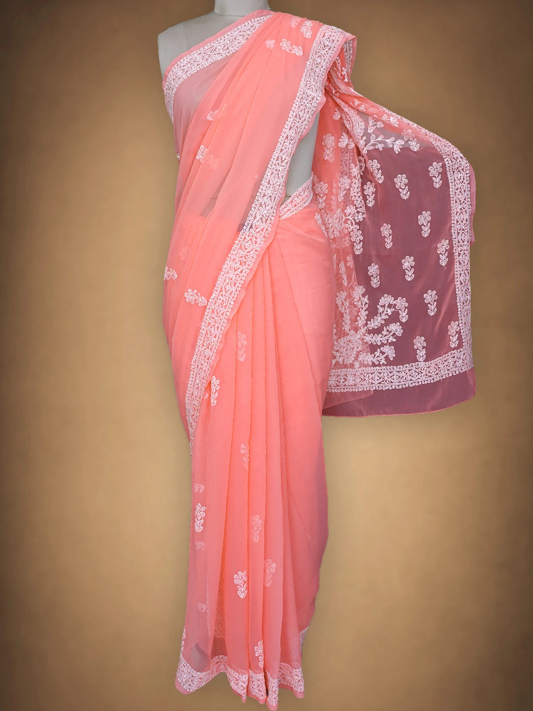 Ada Hand Embroidered Peach Georgette Lucknowi Chikankari Saree With Blouse 08A502187