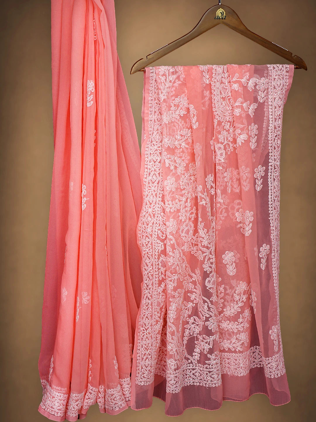 Ada Hand Embroidered Peach Georgette Lucknowi Chikankari Saree With Blouse 08A502187