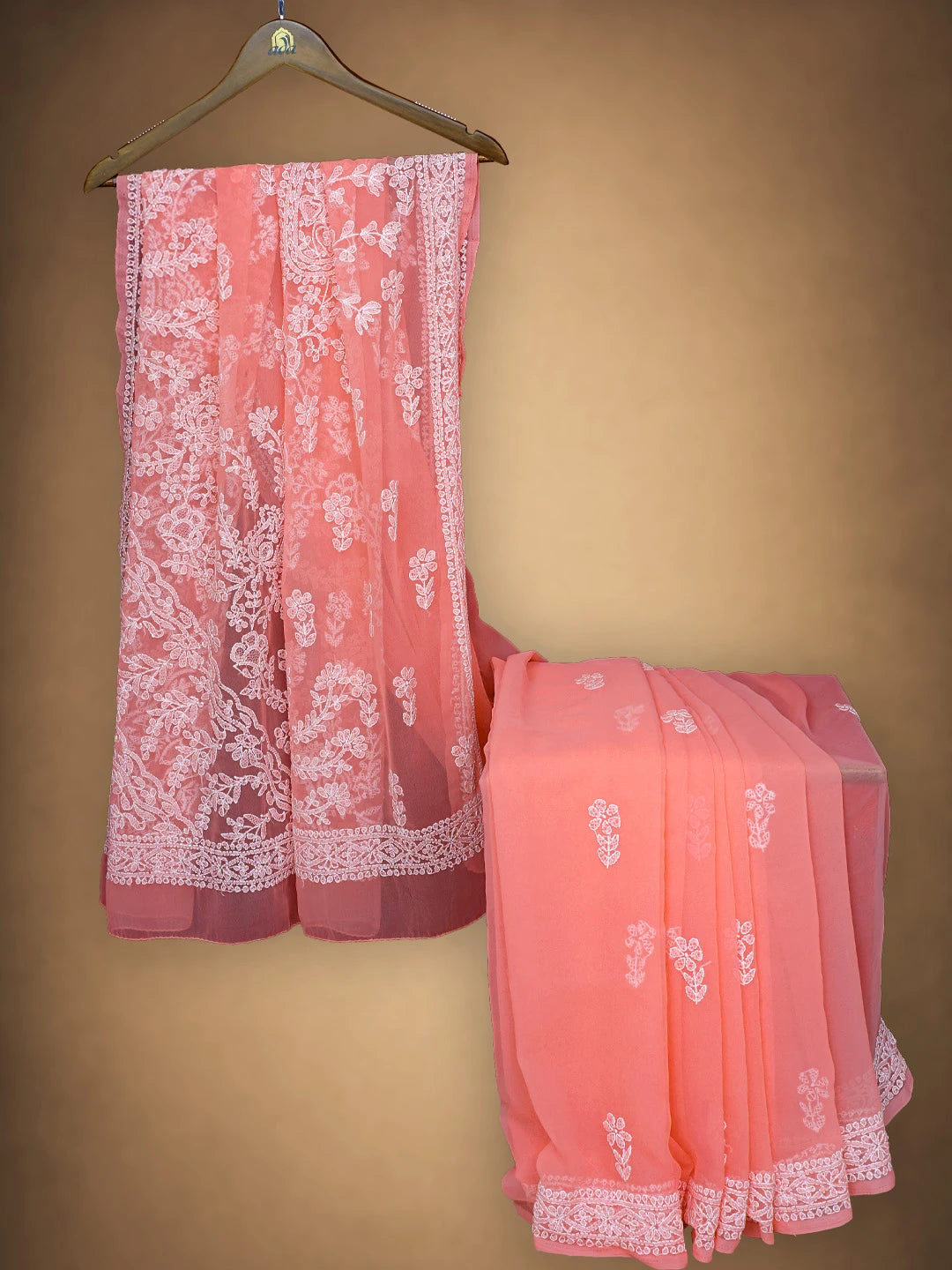 Ada Hand Embroidered Peach Georgette Lucknowi Chikankari Saree With Blouse 08A502187