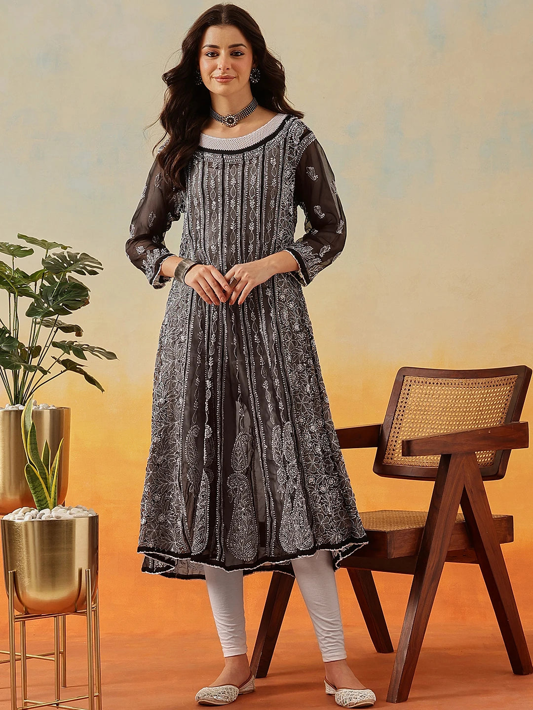 Ada Hand Embroidered Black Georgette Lucknowi Chikankari Anarkali A-line Kurta A411202
