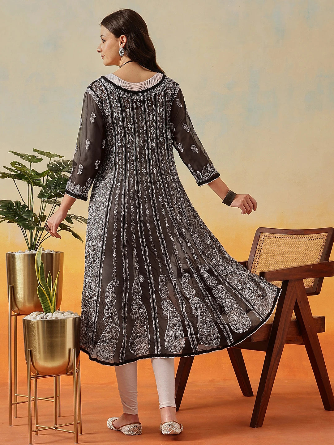 Ada Hand Embroidered Black Georgette Lucknowi Chikankari Anarkali A-line Kurta A411202