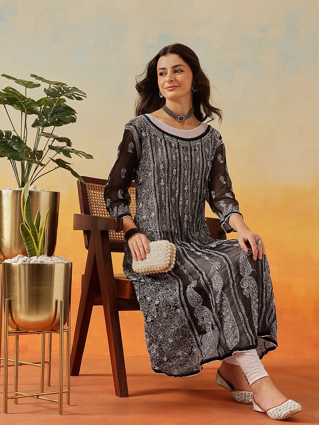 Ada Hand Embroidered Black Georgette Lucknowi Chikankari Anarkali A-line Kurta A411202
