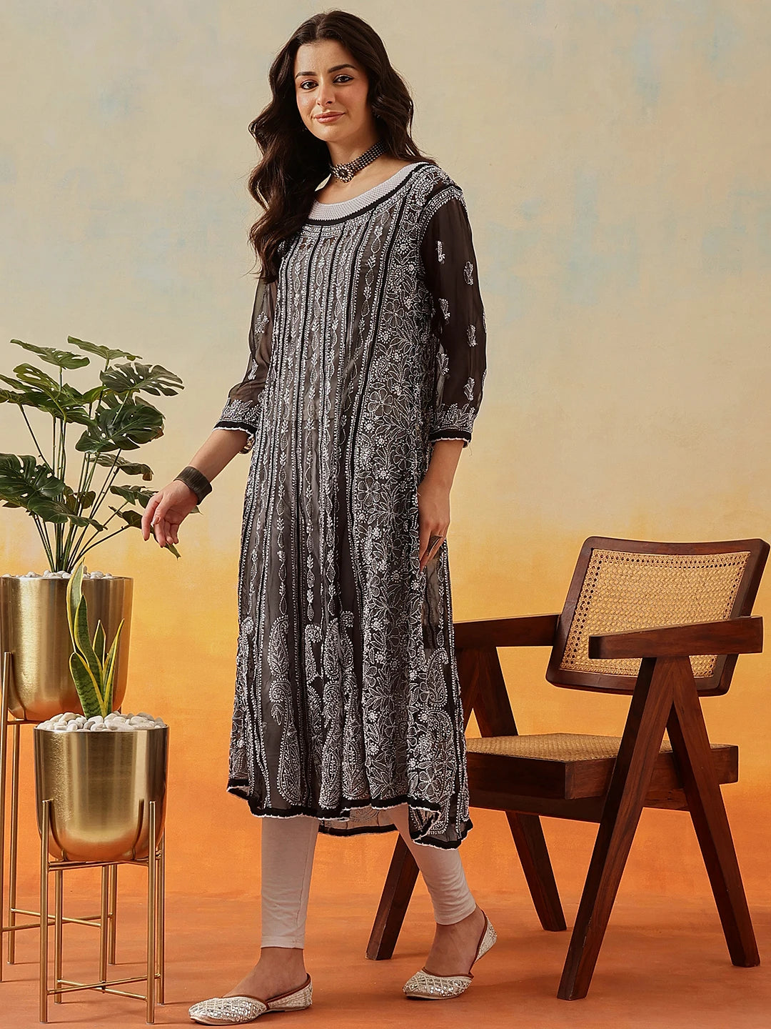 Ada Hand Embroidered Black Georgette Lucknowi Chikankari Anarkali A-line Kurta A411202