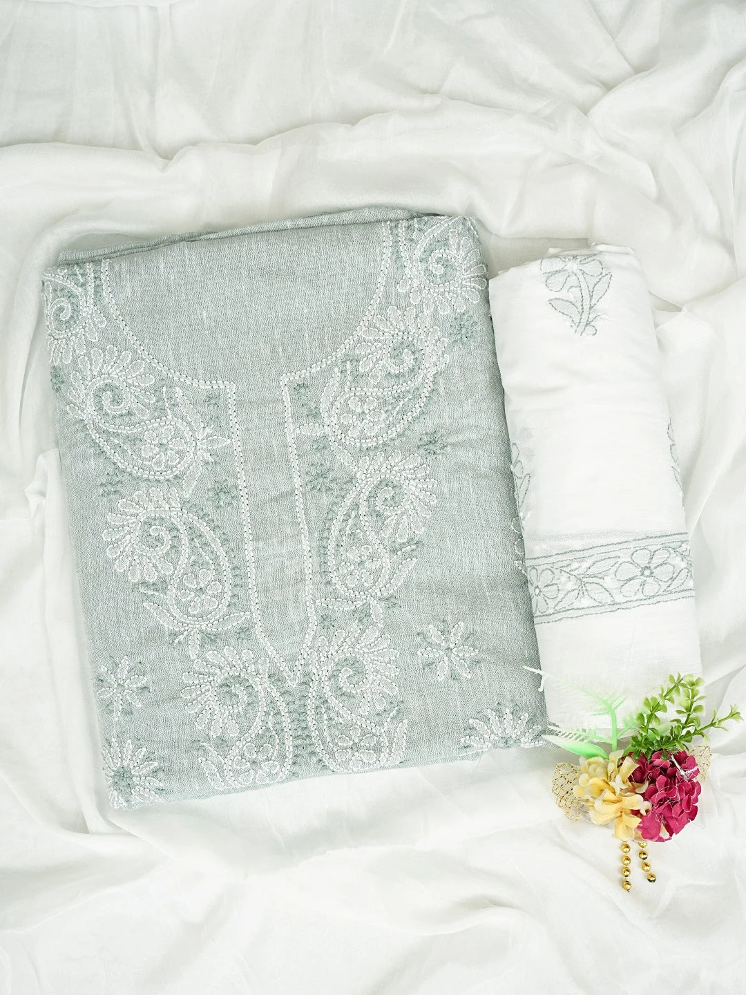 Ada Hand Embroidered Grey Linen Lucknowi Chikankari Unstitched Suit Piece 01A836602