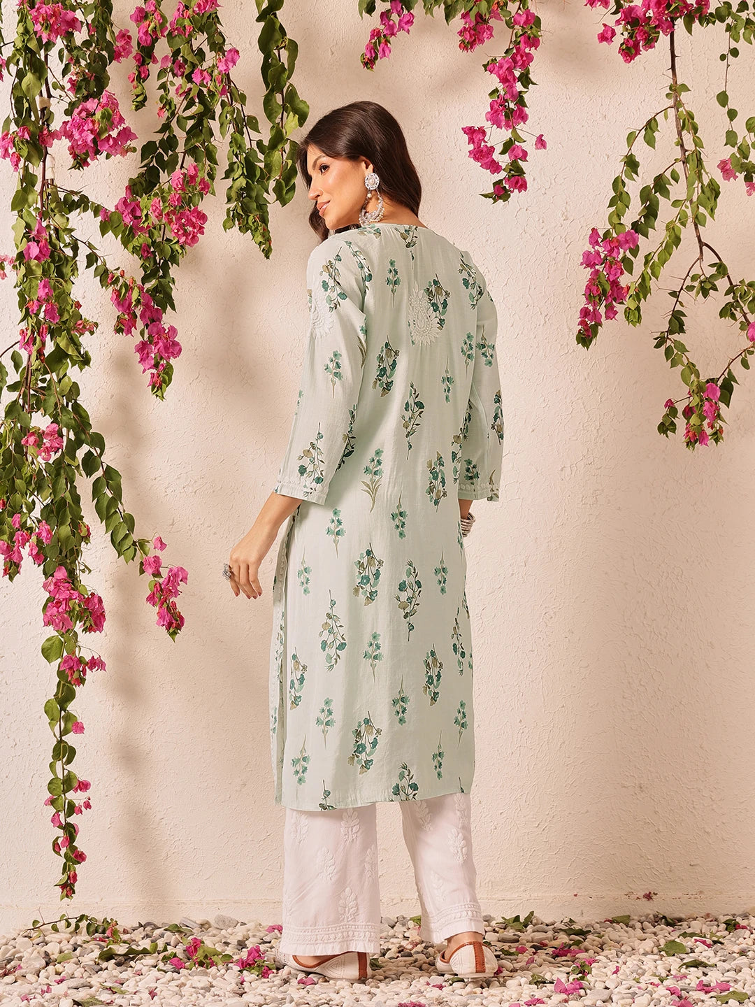 Ada Hand Embroidered Printed Sea Green Chanderi Lucknowi Chikankari Kurta Set A811337