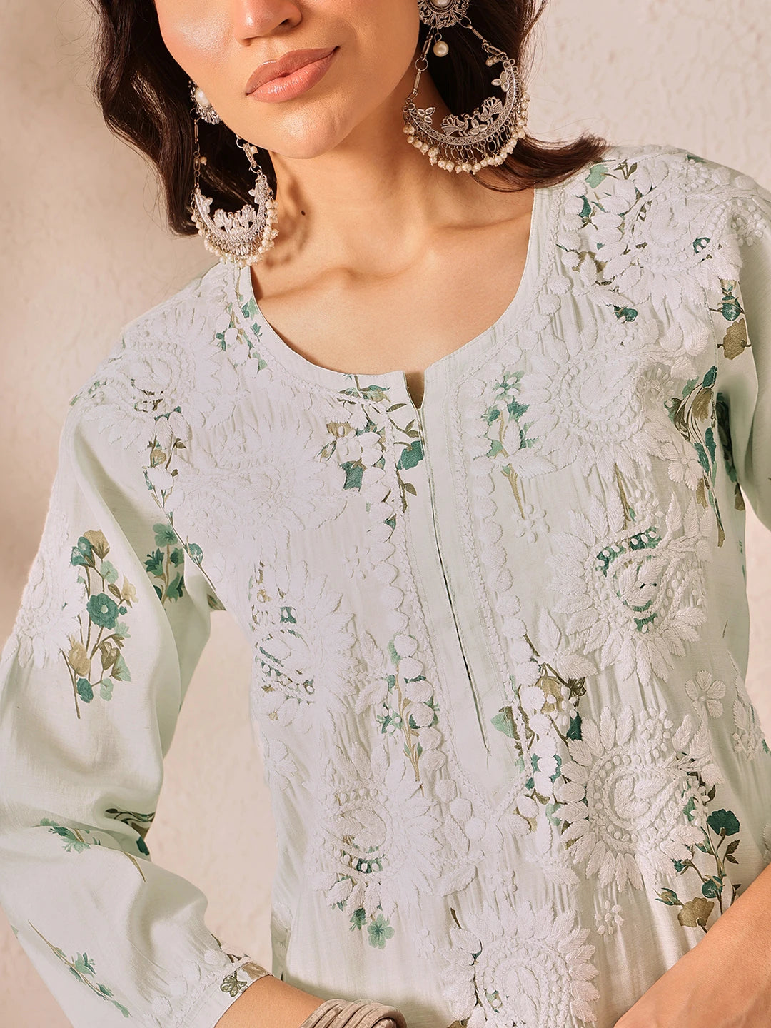 Ada Hand Embroidered Printed Sea Green Chanderi Lucknowi Chikankari Kurta Set A811337