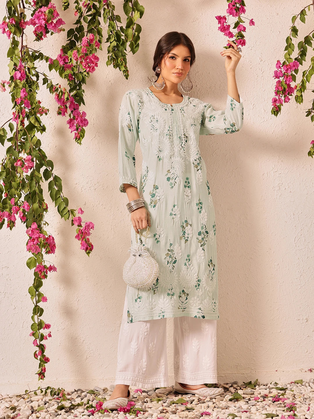 Ada Hand Embroidered Printed Sea Green Chanderi Lucknowi Chikankari Kurta Set A811337