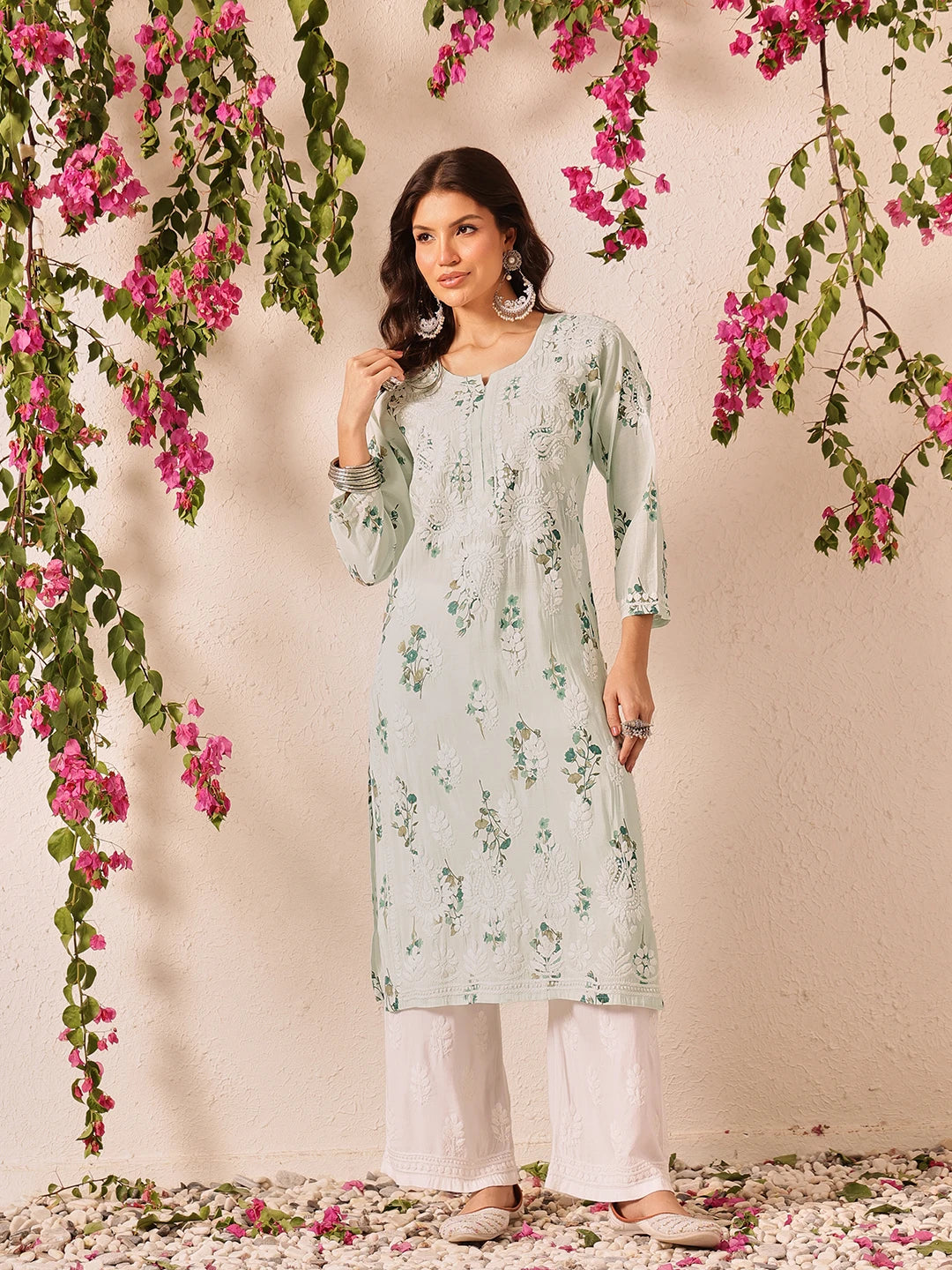 Ada Hand Embroidered Printed Sea Green Chanderi Lucknowi Chikankari Kurta Set A811337