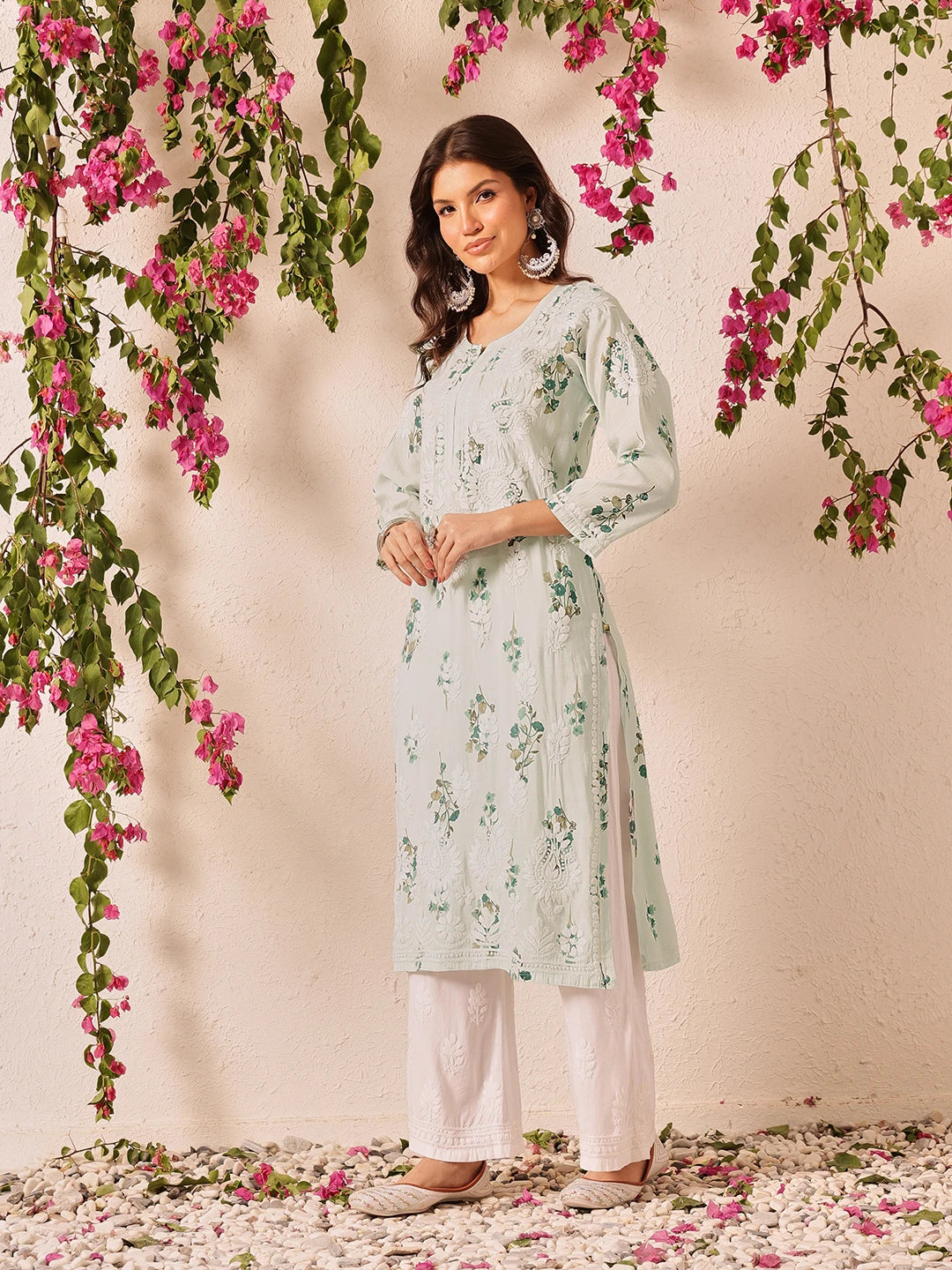 Ada Hand Embroidered Printed Sea Green Chanderi Lucknowi Chikankari Kurta Set A811337