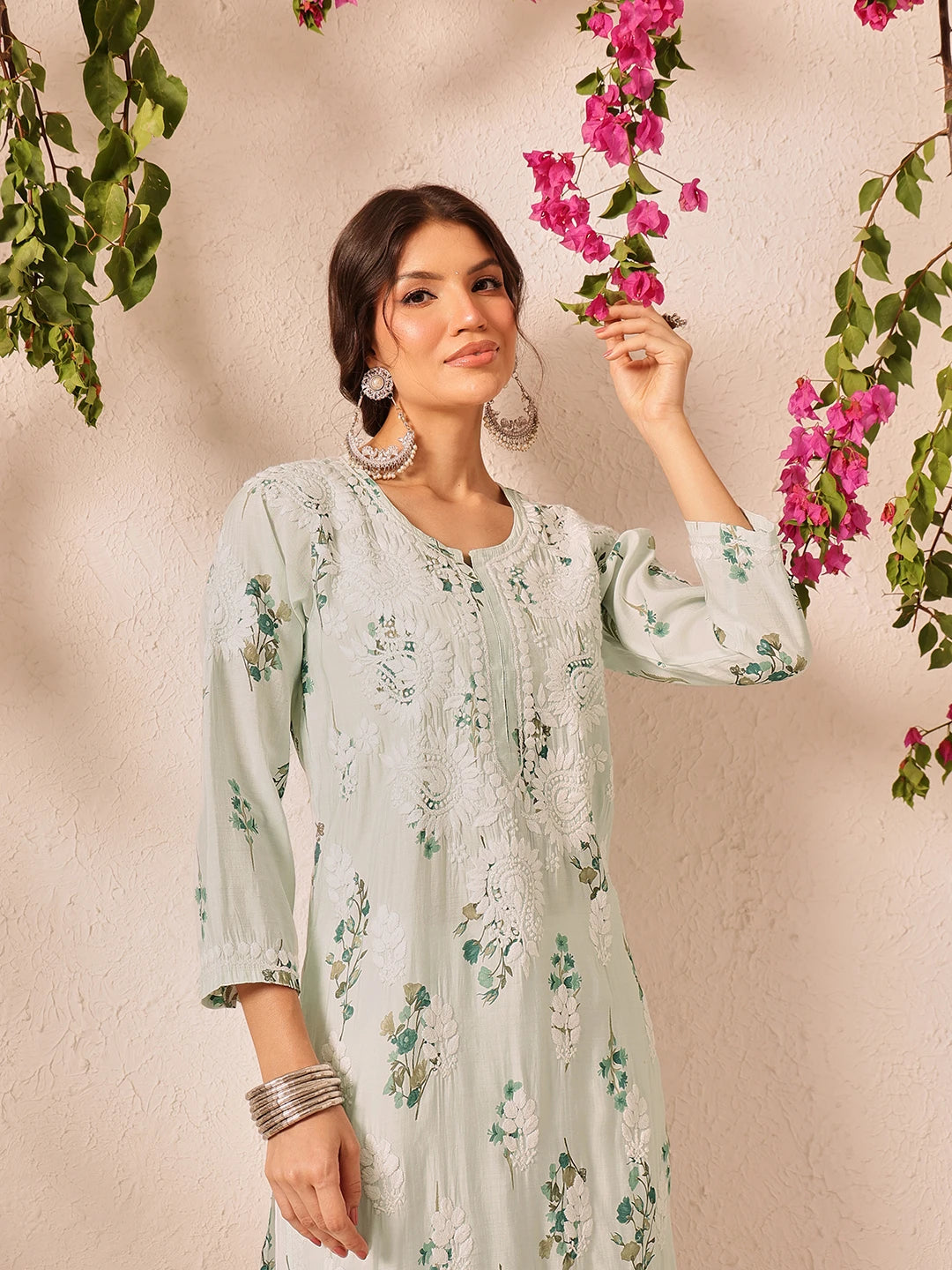 Ada Hand Embroidered Printed Sea Green Chanderi Lucknowi Chikankari Kurta Set A811337
