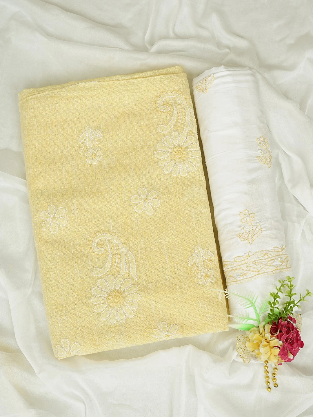 Ada Hand Embroidered Flax Yellow Linen Lucknowi Chikankari Unstitched Suit Piece 01A836603