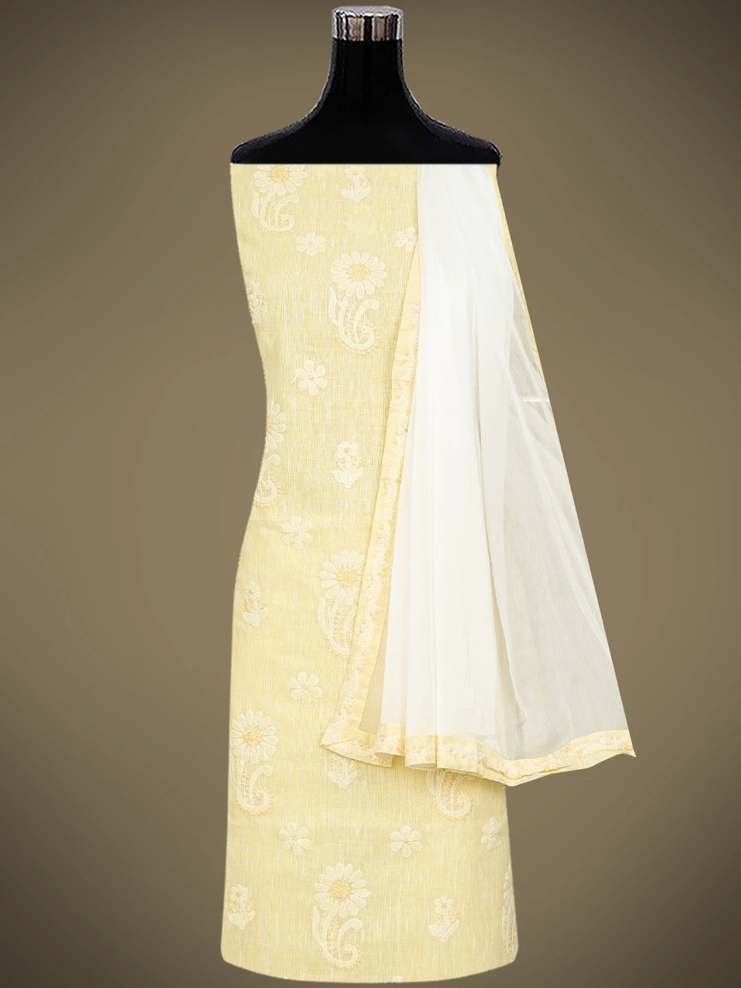 Ada Hand Embroidered Flax Yellow Linen Lucknowi Chikankari Unstitched Suit Piece 01A836603