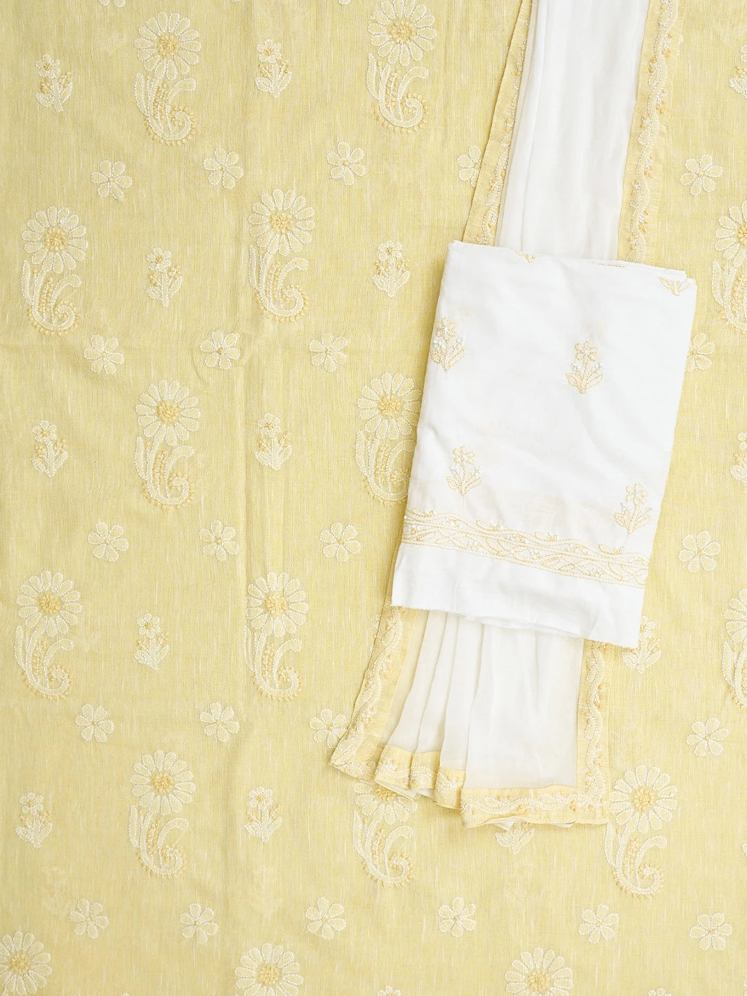 Ada Hand Embroidered Flax Yellow Linen Lucknowi Chikankari Unstitched Suit Piece 01A836603