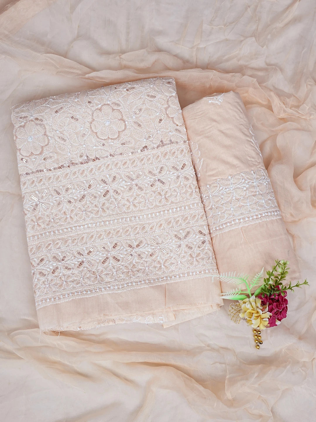 Ada Hand Embroidered Light Peach Cotton Lucknowi Chikankari Unstitched Suit Piece With Cutdana Work 01A791881
