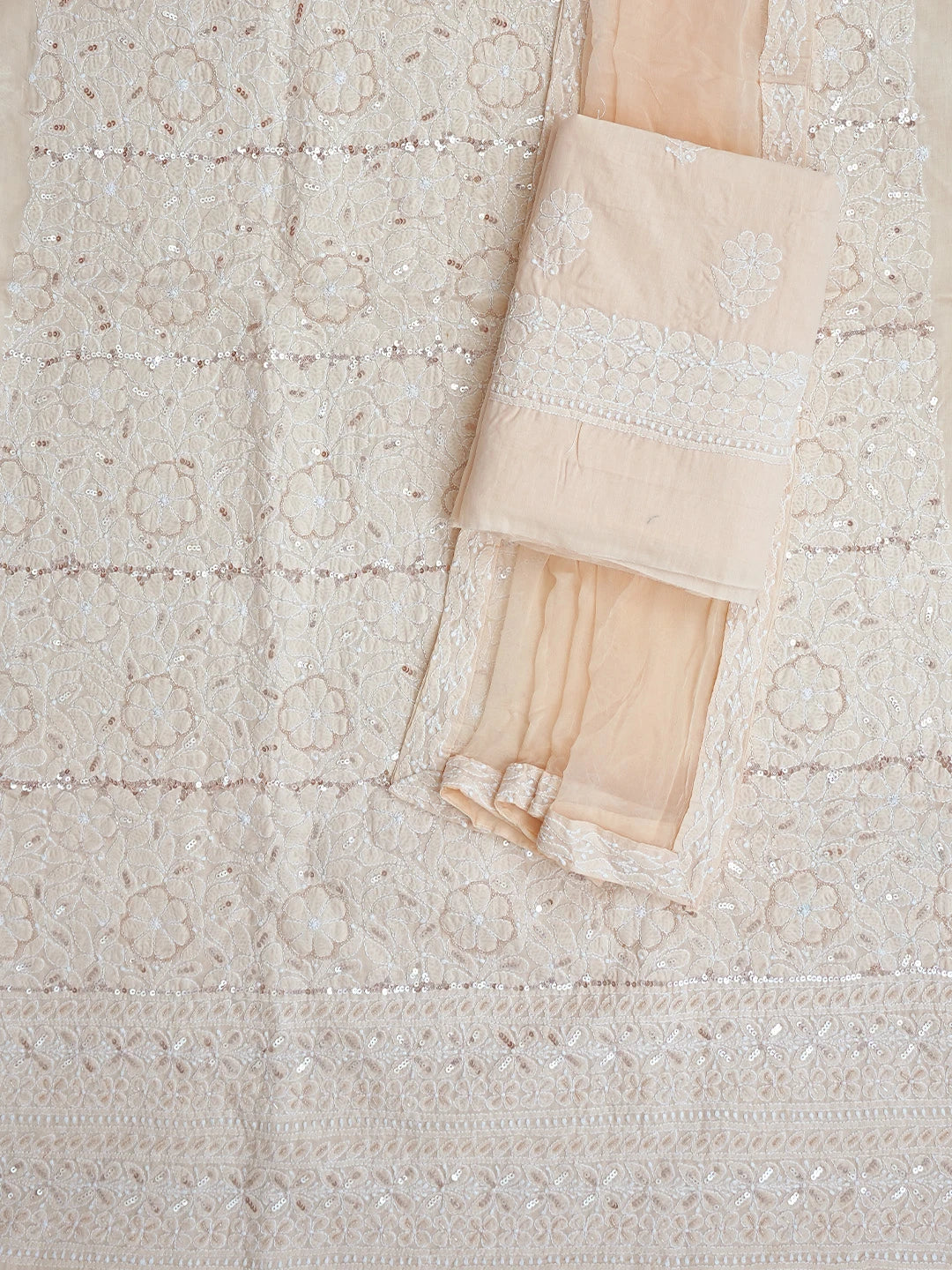 Ada Hand Embroidered Light Peach Cotton Lucknowi Chikankari Unstitched Suit Piece With Cutdana Work 01A791881