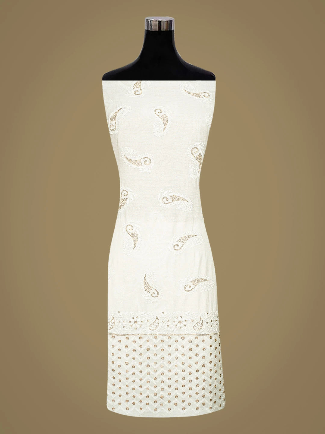 Ada Hand Embroidered White Chanderi Lucknowi Chikankari Unstitched Kurta Dupatta Set With Pearl Work 01A586922