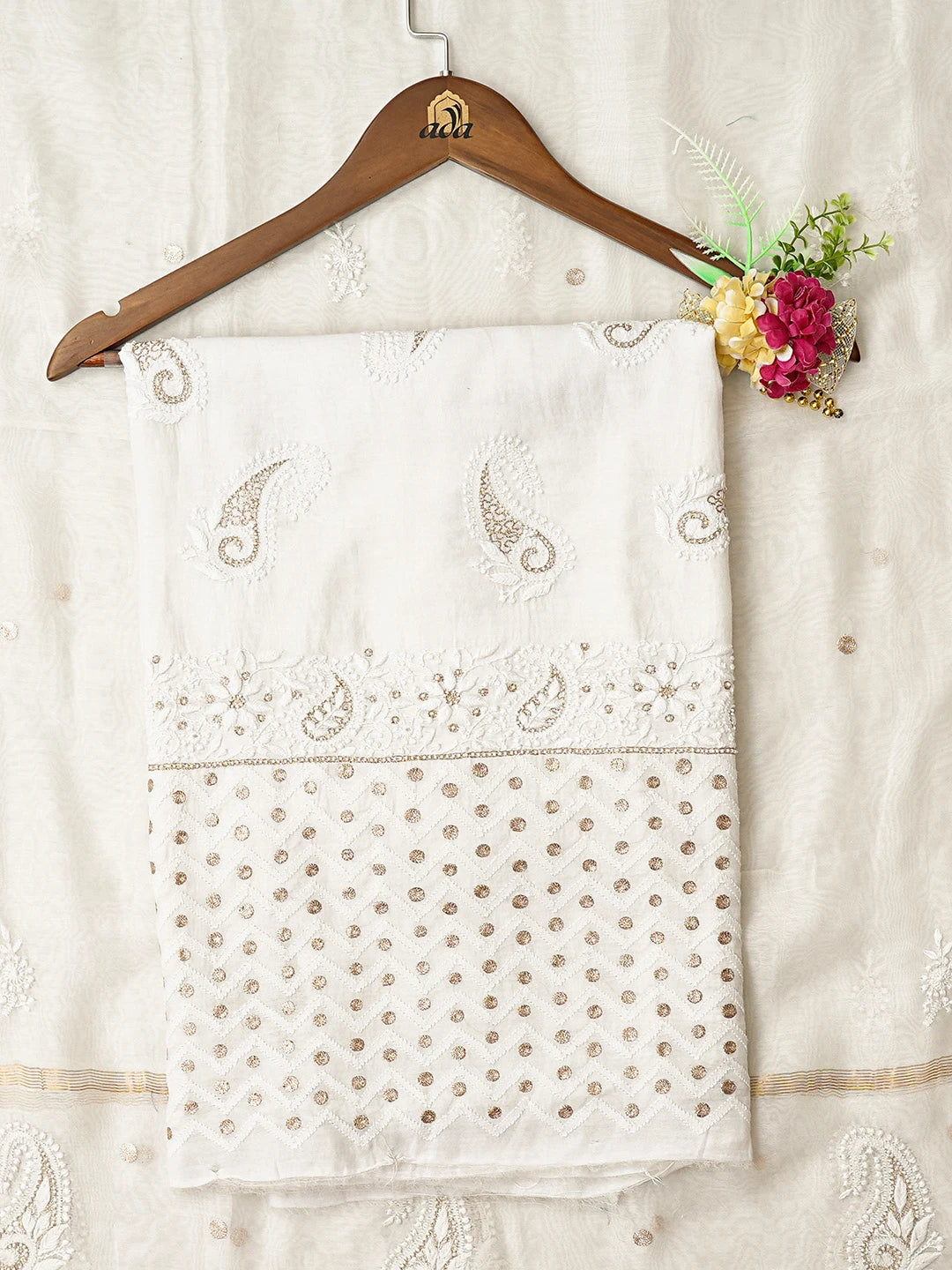 Ada Hand Embroidered White Chanderi Lucknowi Chikankari Unstitched Kurta Dupatta Set With Pearl Work 01A586922