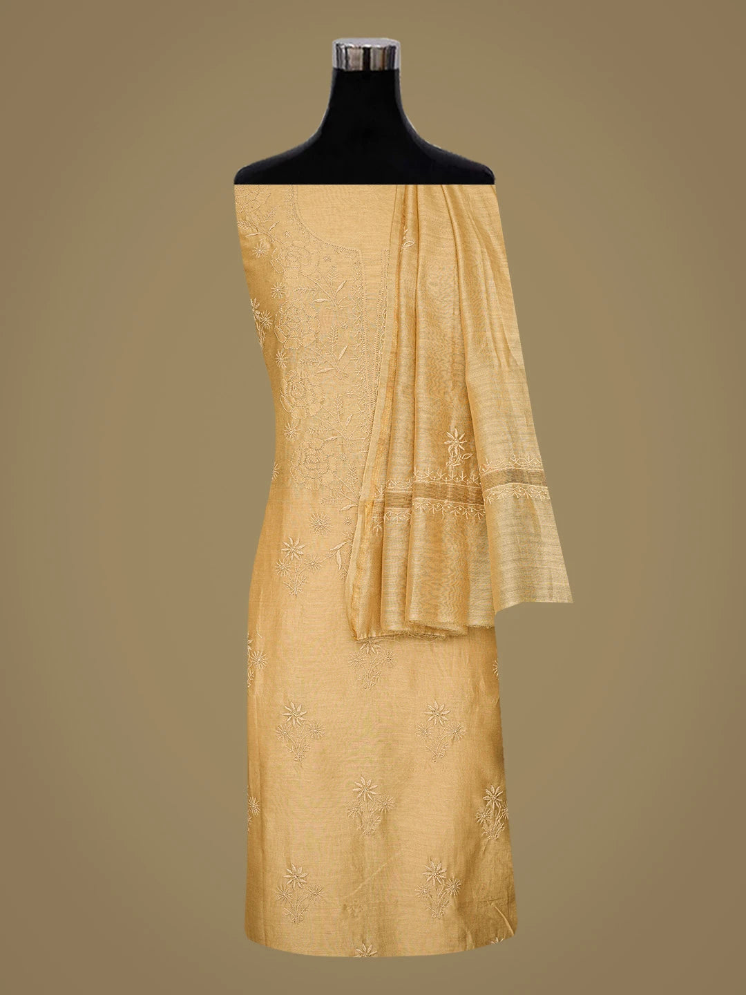 Ada Hand Embroidered Fawn Chanderi Lucknowi Chikankari Unstitched Kurta Dupatta Set 01A817038