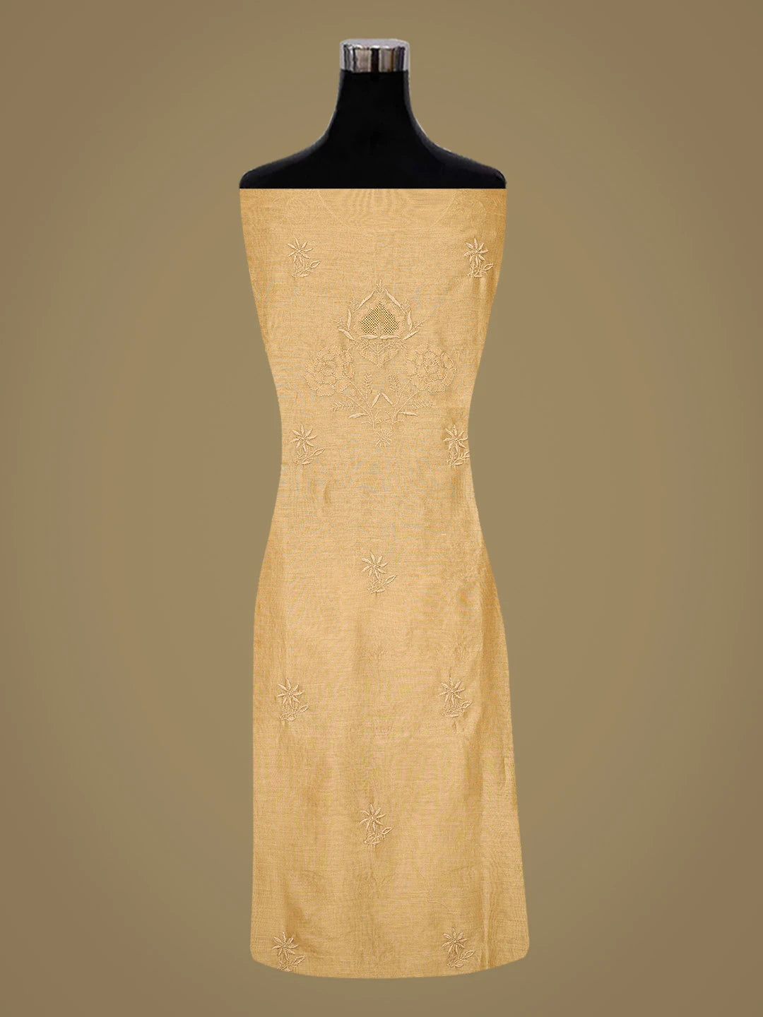 Ada Hand Embroidered Fawn Chanderi Lucknowi Chikankari Unstitched Kurta Dupatta Set 01A817038
