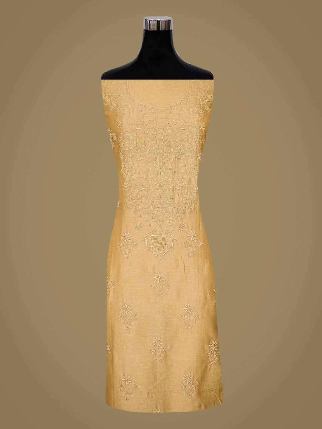 Ada Hand Embroidered Fawn Chanderi Lucknowi Chikankari Unstitched Kurta Dupatta Set 01A817038