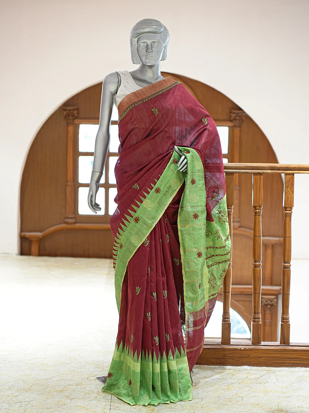 Ada Hand Embroidered Maroon Silk Lucknowi Chikankari Saree and Blouse 01A376497