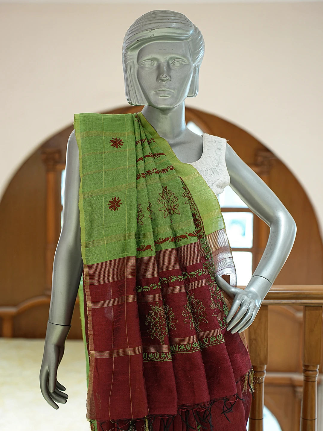 Ada Hand Embroidered Maroon Silk Lucknowi Chikankari Saree and Blouse 01A376497