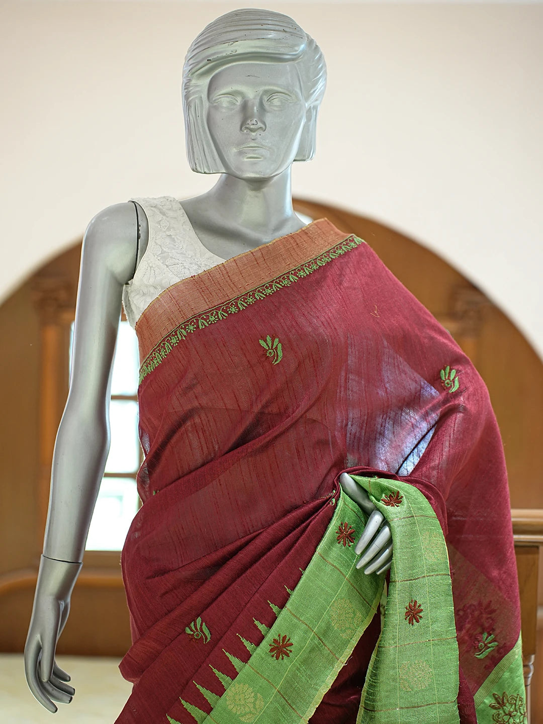 Ada Hand Embroidered Maroon Silk Lucknowi Chikankari Saree and Blouse 01A376497