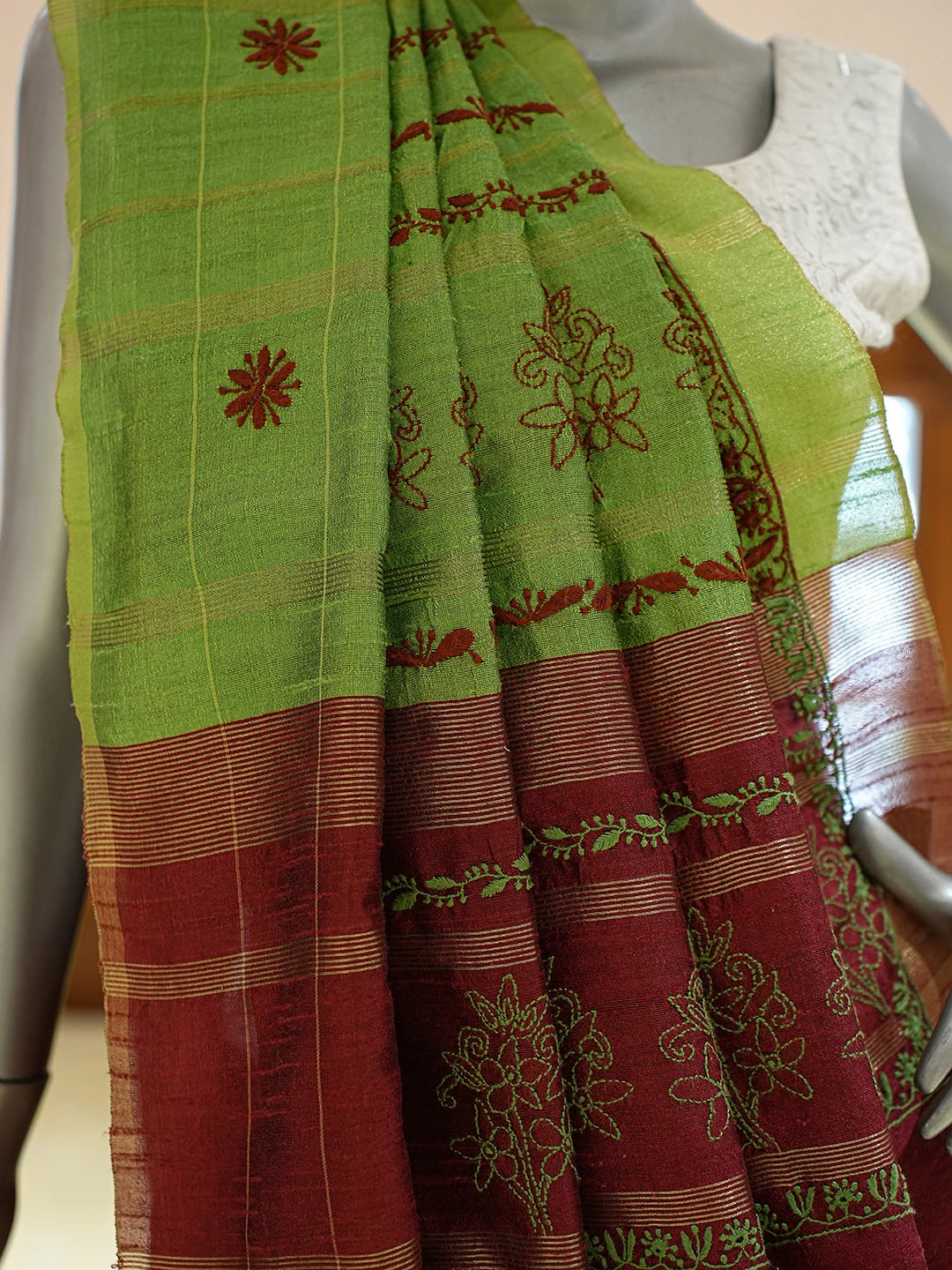 Ada Hand Embroidered Maroon Silk Lucknowi Chikankari Saree and Blouse 01A376497