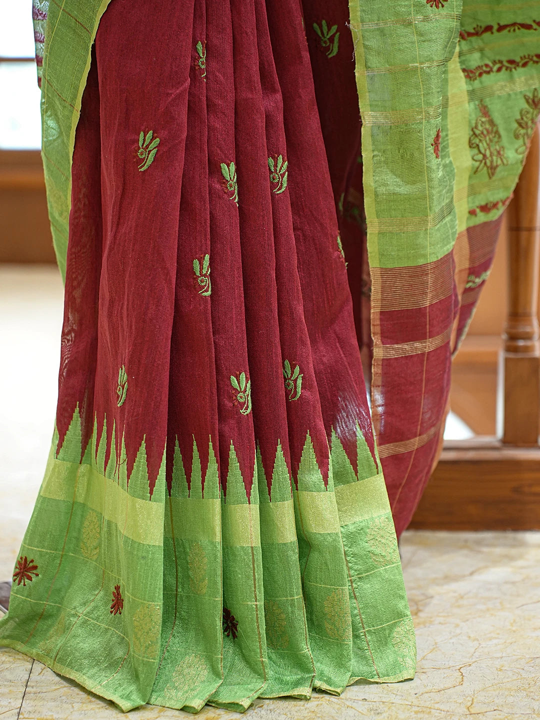 Ada Hand Embroidered Maroon Silk Lucknowi Chikankari Saree and Blouse 01A376497
