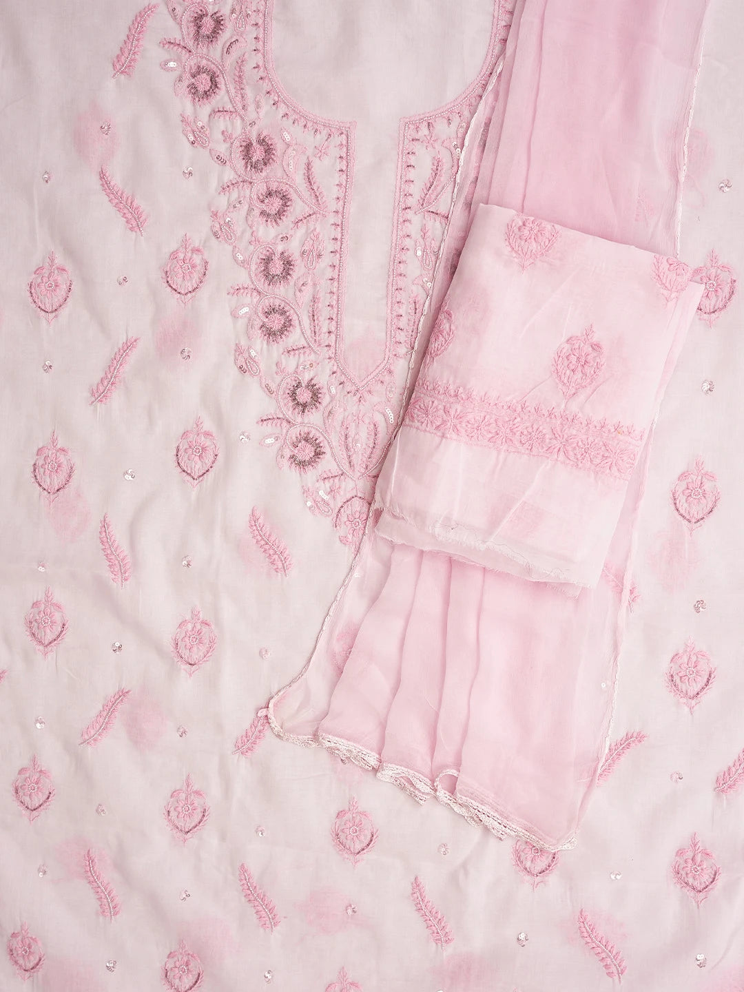 Ada Hand Embroidered Pink Cotton Lucknowi Chikankari Unstitched Suit Piece With Pearl Work 01A790584