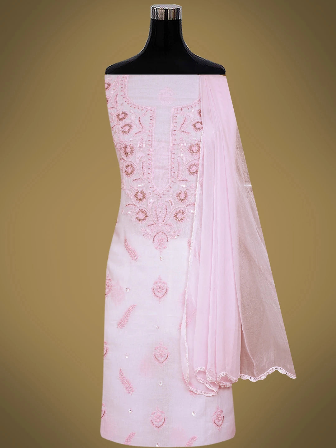 Ada Hand Embroidered Pink Cotton Lucknowi Chikankari Unstitched Suit Piece With Pearl Work 01A790584
