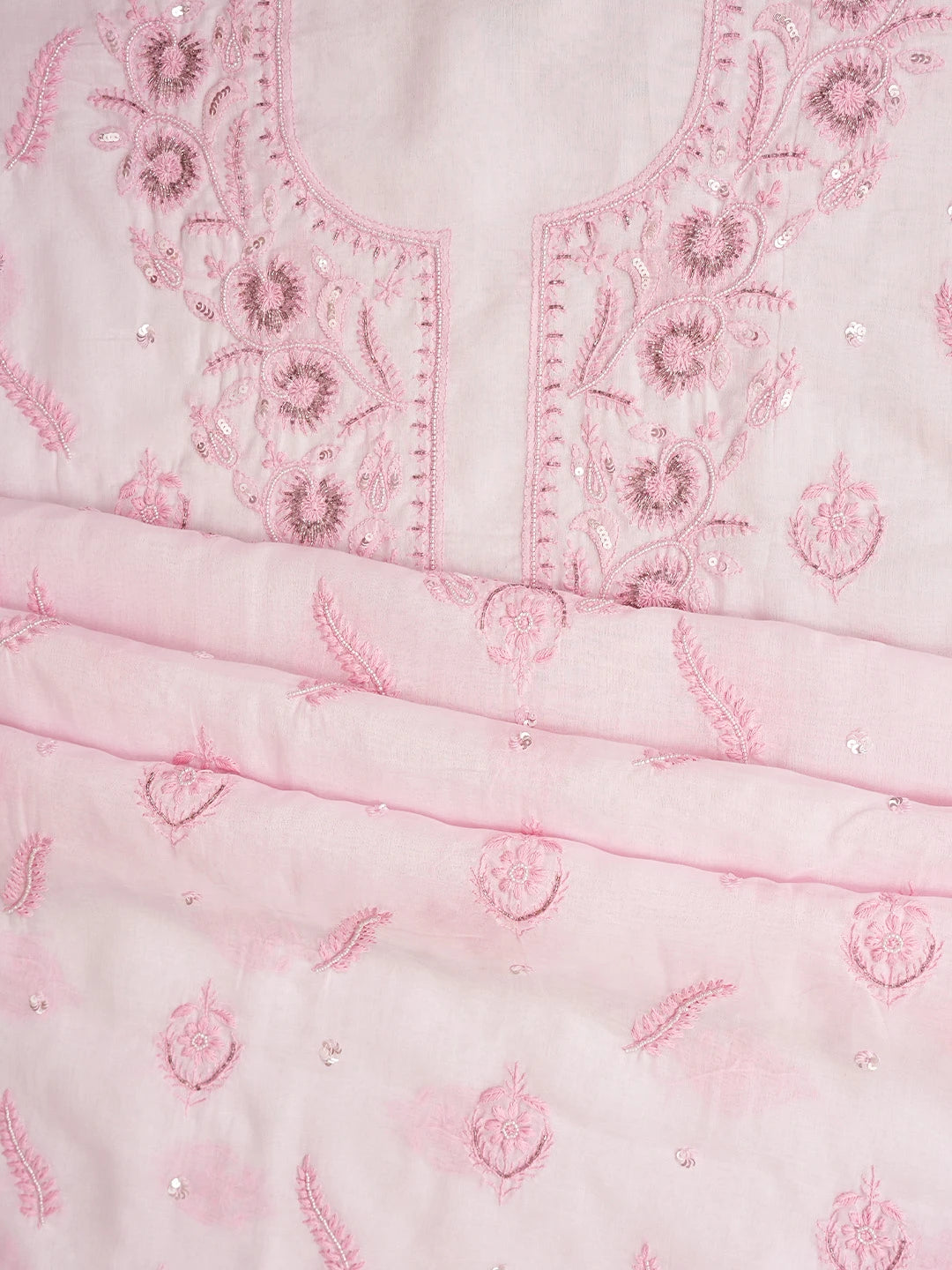 Ada Hand Embroidered Pink Cotton Lucknowi Chikankari Unstitched Suit Piece With Pearl Work 01A790584