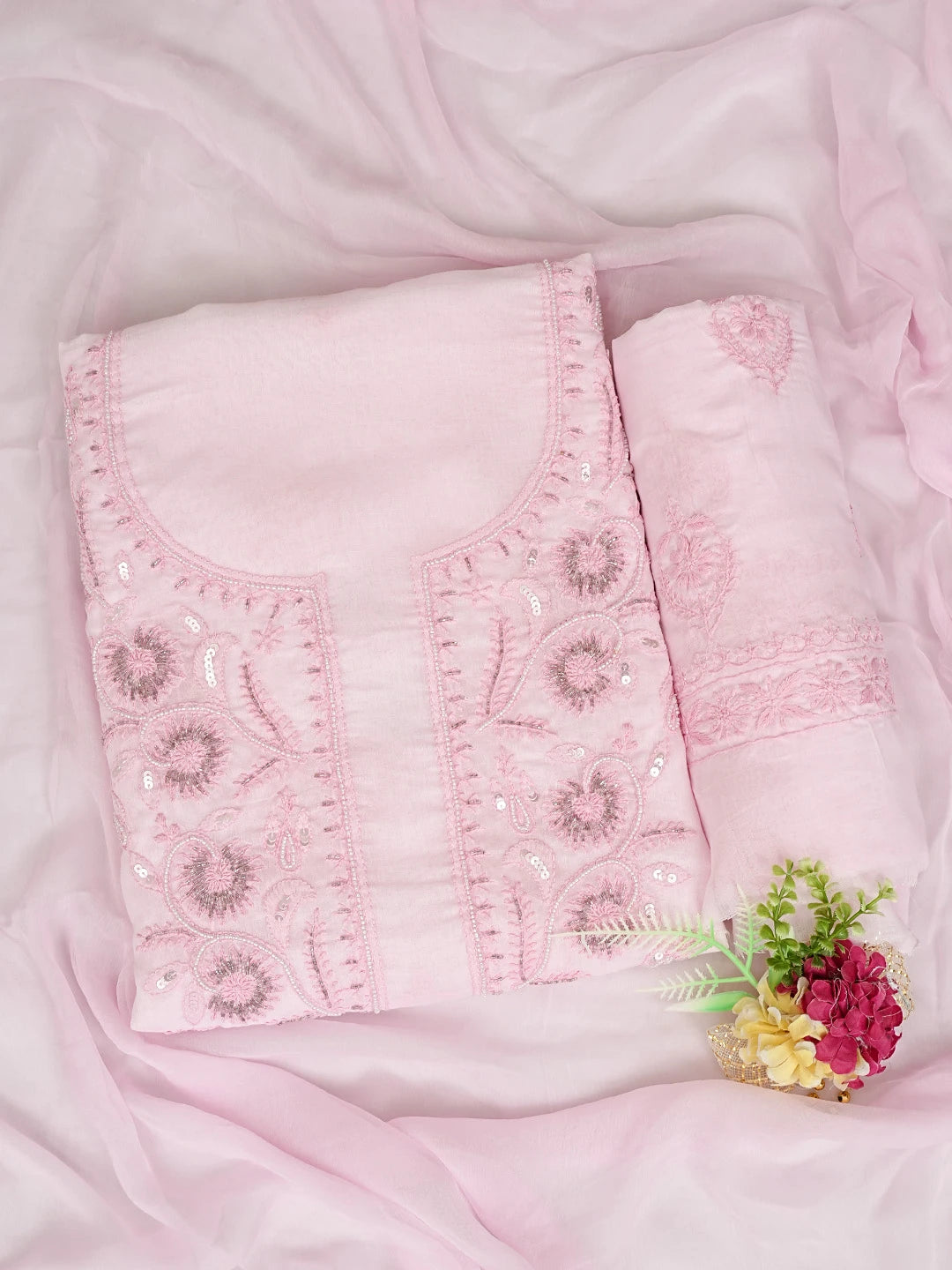 Ada Hand Embroidered Pink Cotton Lucknowi Chikankari Unstitched Suit Piece With Pearl Work 01A790584