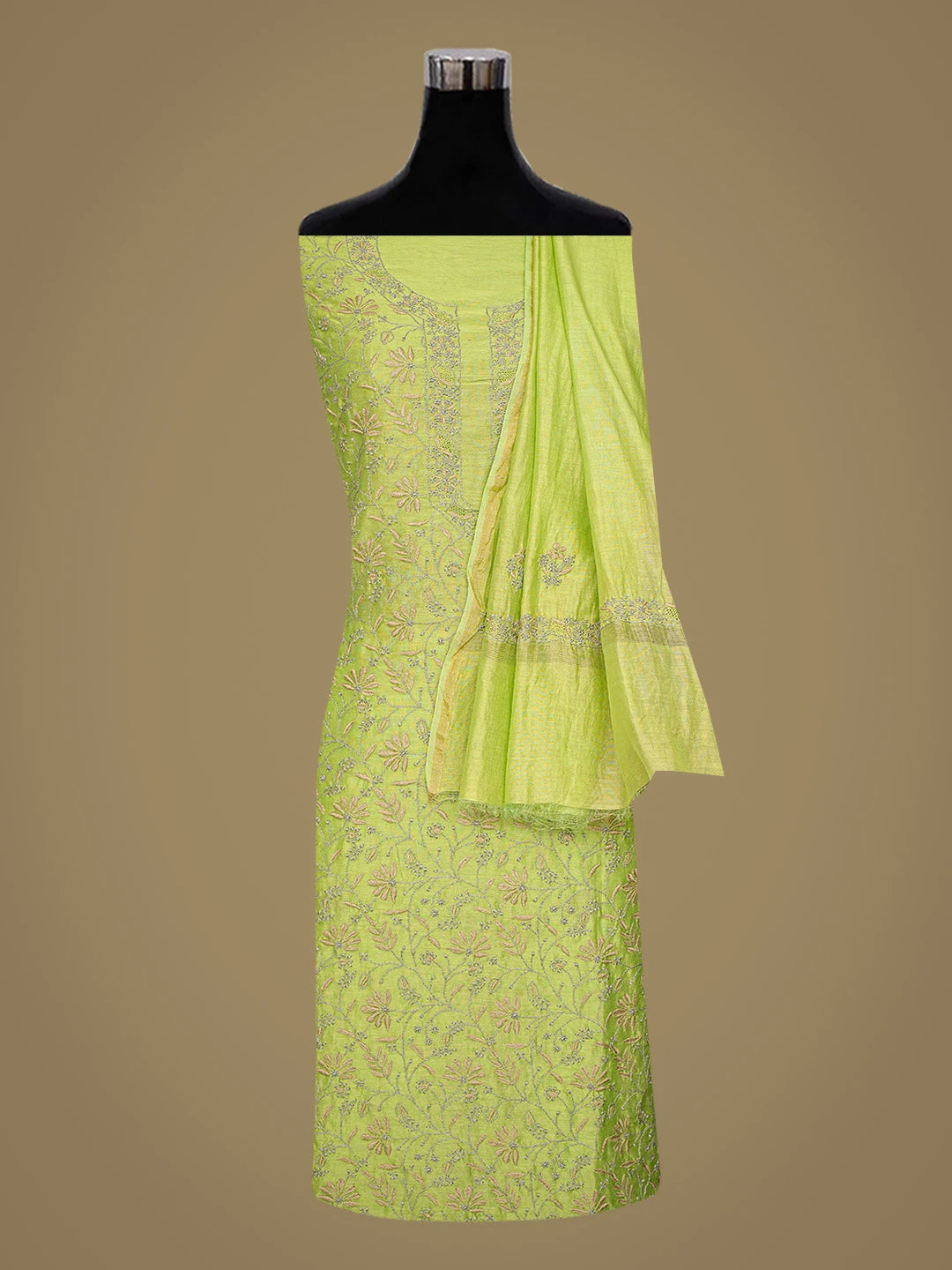 Ada Hand Embroidered Green Chanderi Lucknowi Chikankari Unstitched Kurta Dupatta Set 01A835827