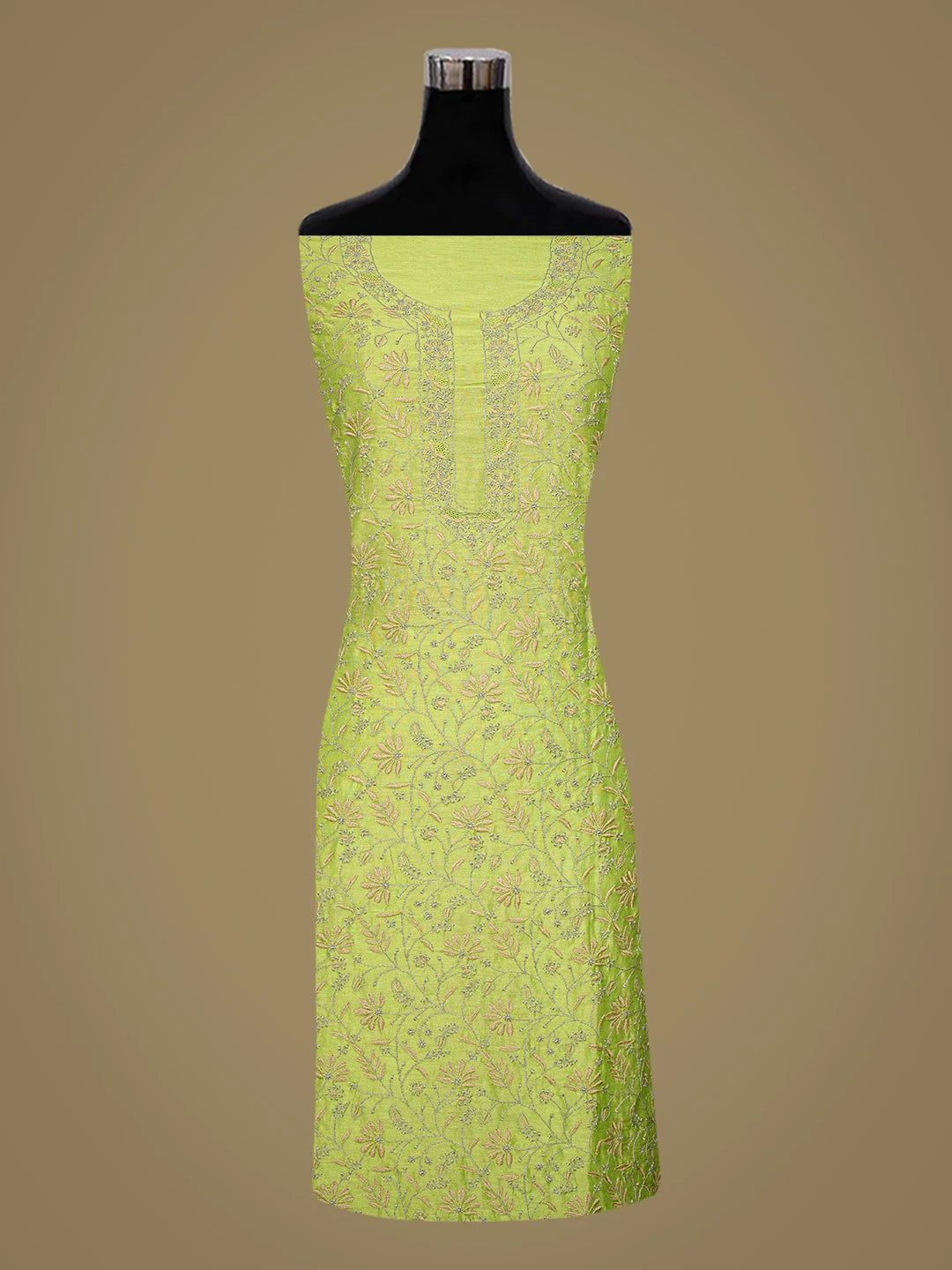 Ada Hand Embroidered Green Chanderi Lucknowi Chikankari Unstitched Kurta Dupatta Set 01A835827