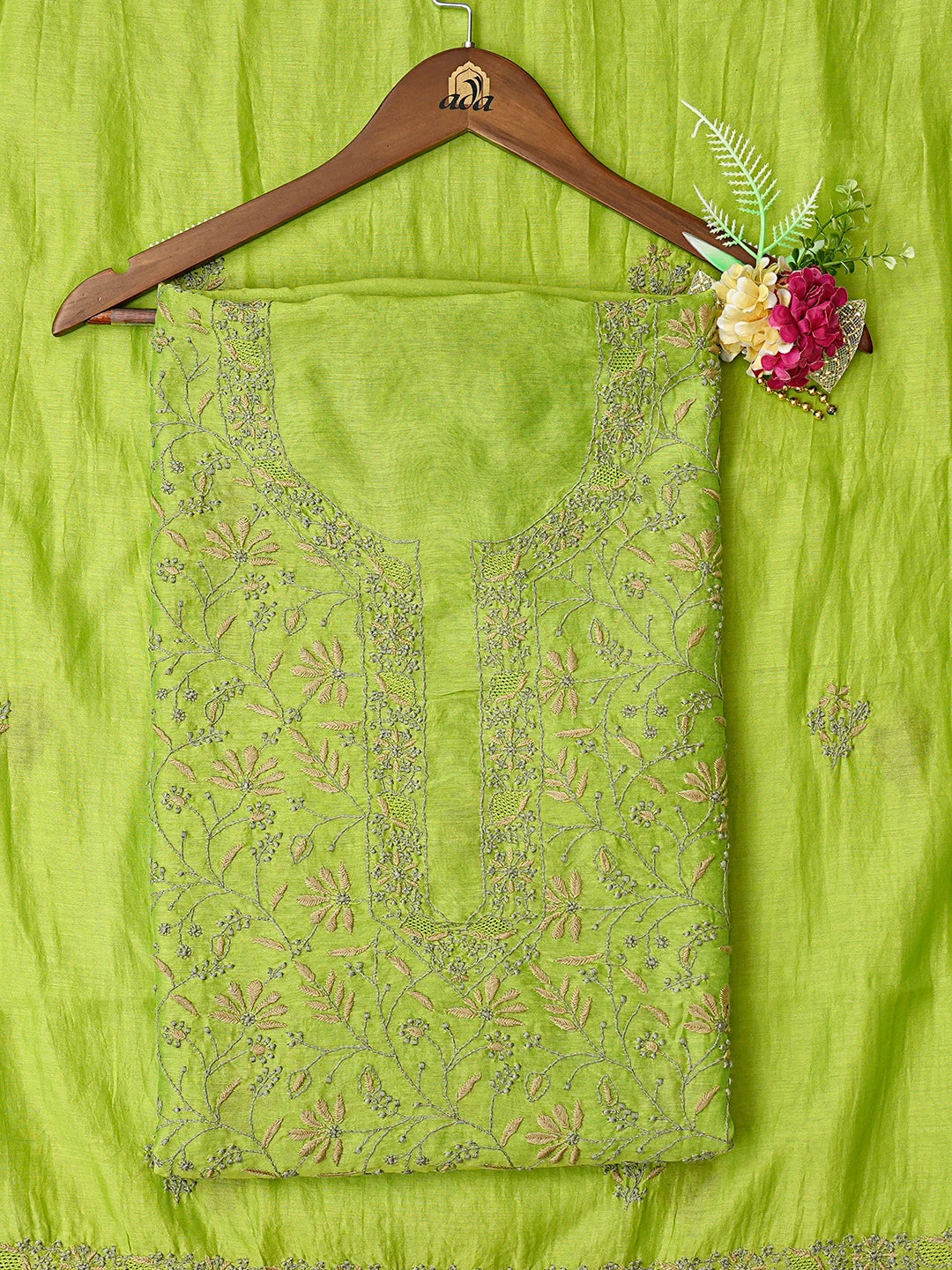 Ada Hand Embroidered Green Chanderi Lucknowi Chikankari Unstitched Kurta Dupatta Set 01A835827