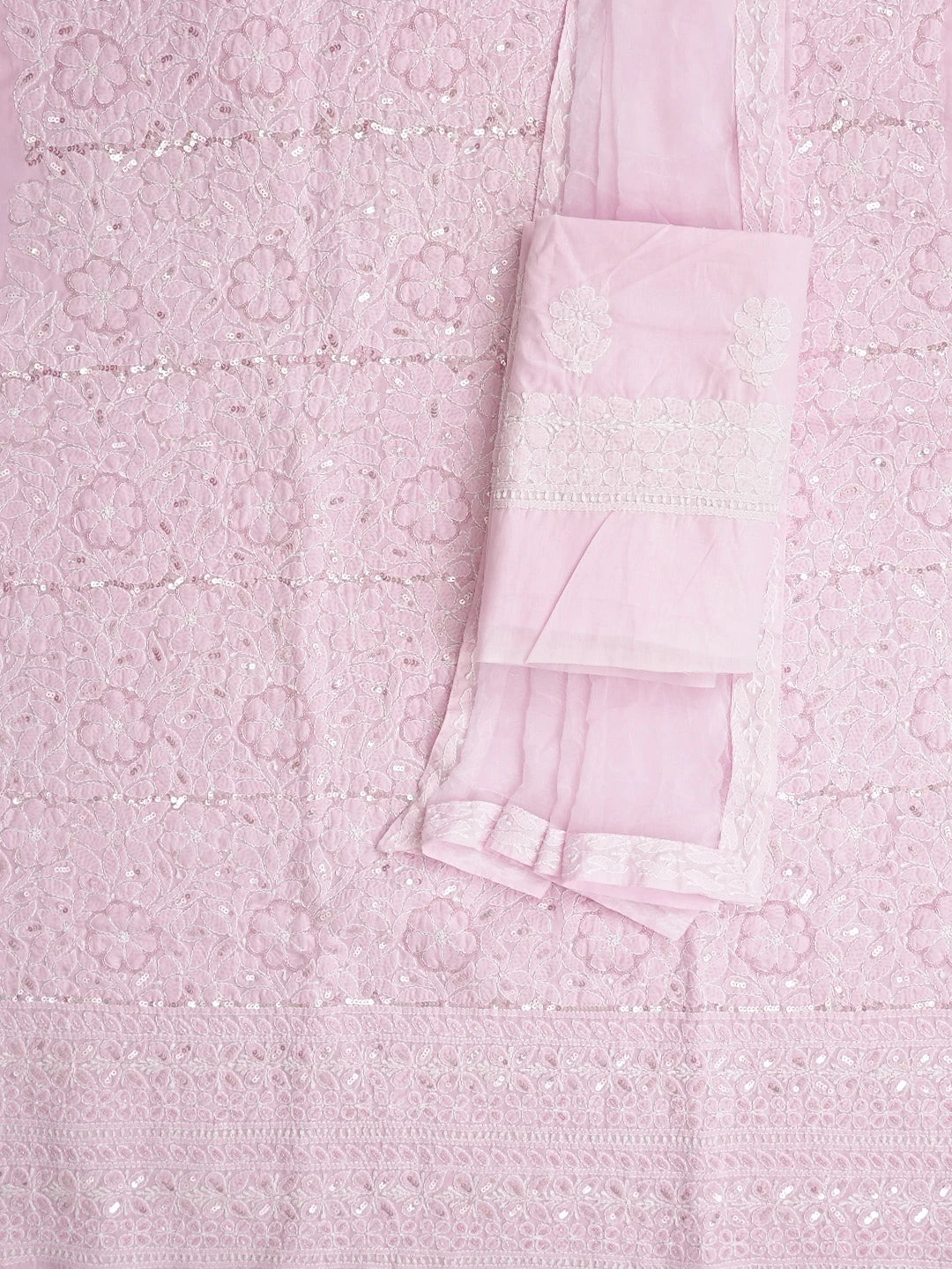 Ada Hand Embroidered Pink Cotton Lucknowi Chikankari Unstitched Suit Piece With Sequinned Work 01A791877