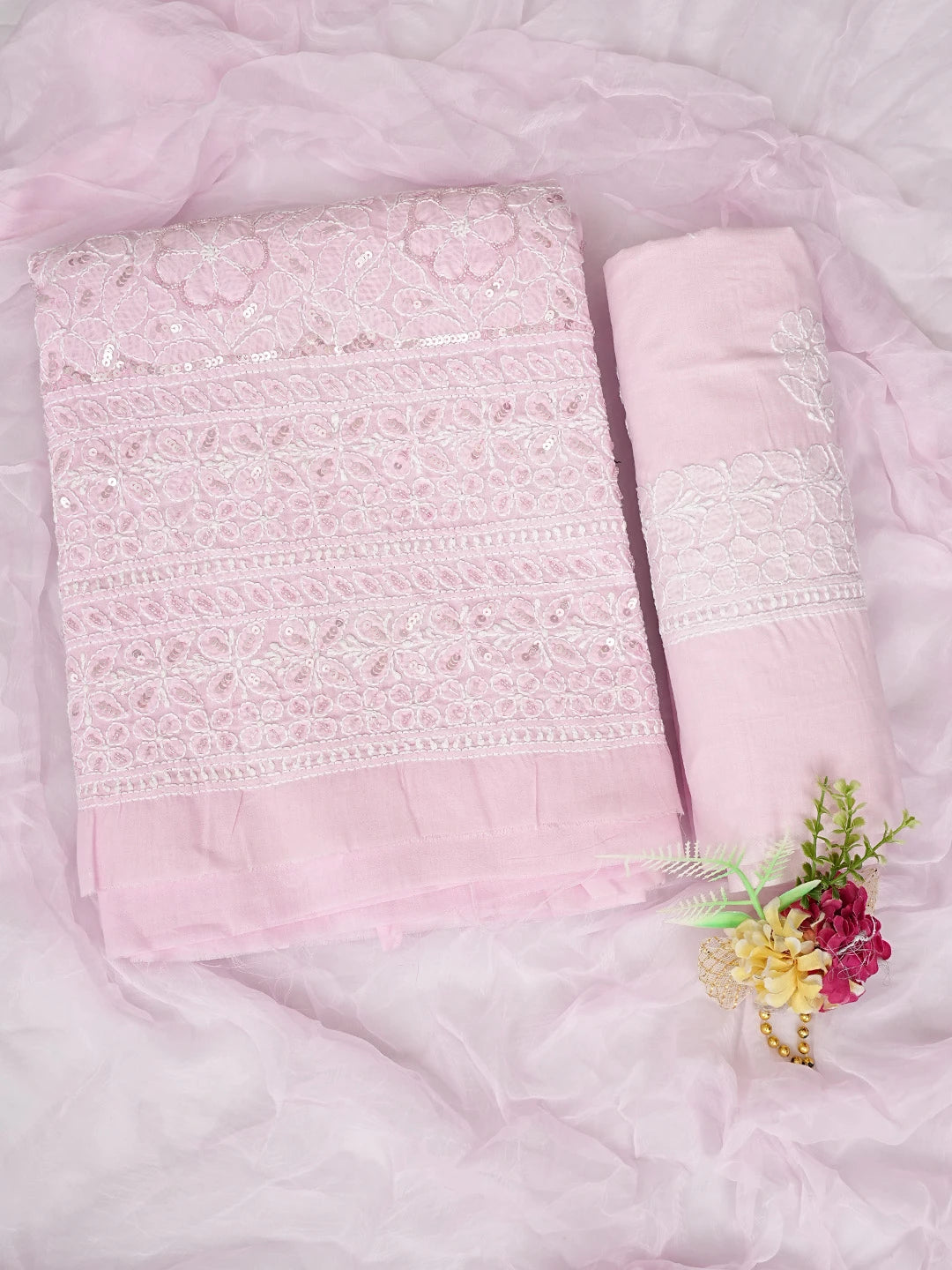 Ada Hand Embroidered Pink Cotton Lucknowi Chikankari Unstitched Suit Piece With Sequinned Work 01A791877