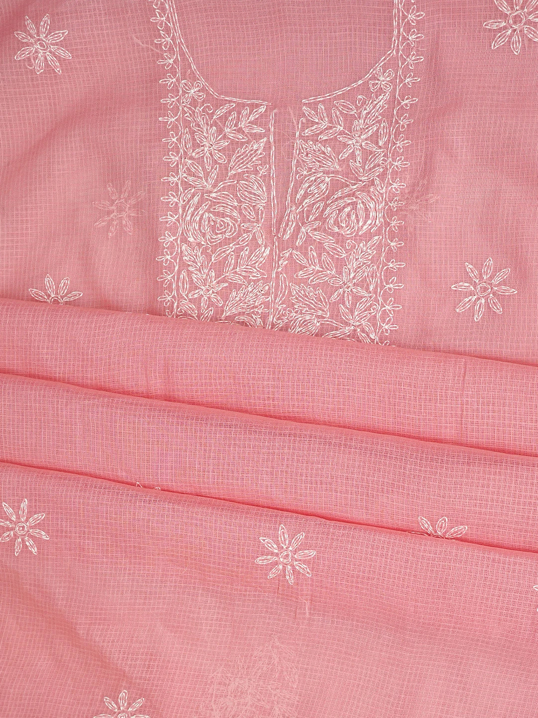 Ada Hand Embroidered Peach Pink Kota Lucknowi Chikankari Unstitched Kurta Piece 01A836430